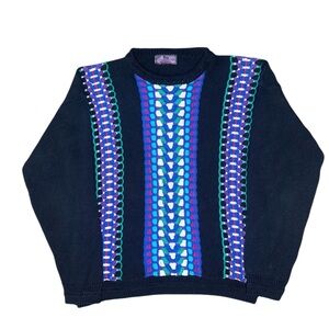 Men's Black and Blue Patterned Crewneck Sweater